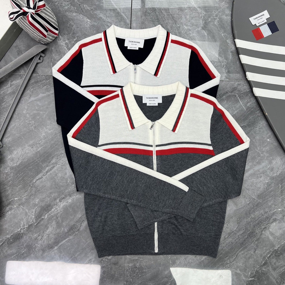 Thom Browne Style Contrast-Stripe Zip-Up Knit Jacket