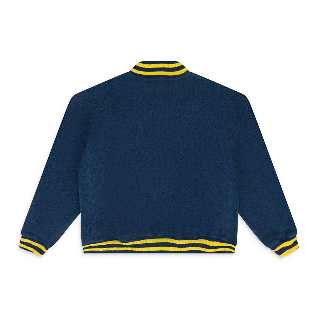NAVY OVERSIZED LOGO TERRY VARSITY JACKET