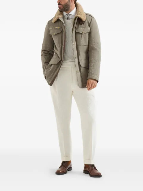 Brunello Cucinelli waxed techno cotton safari jacket with Thermore® padding, nappa leather inserts and shearling collar