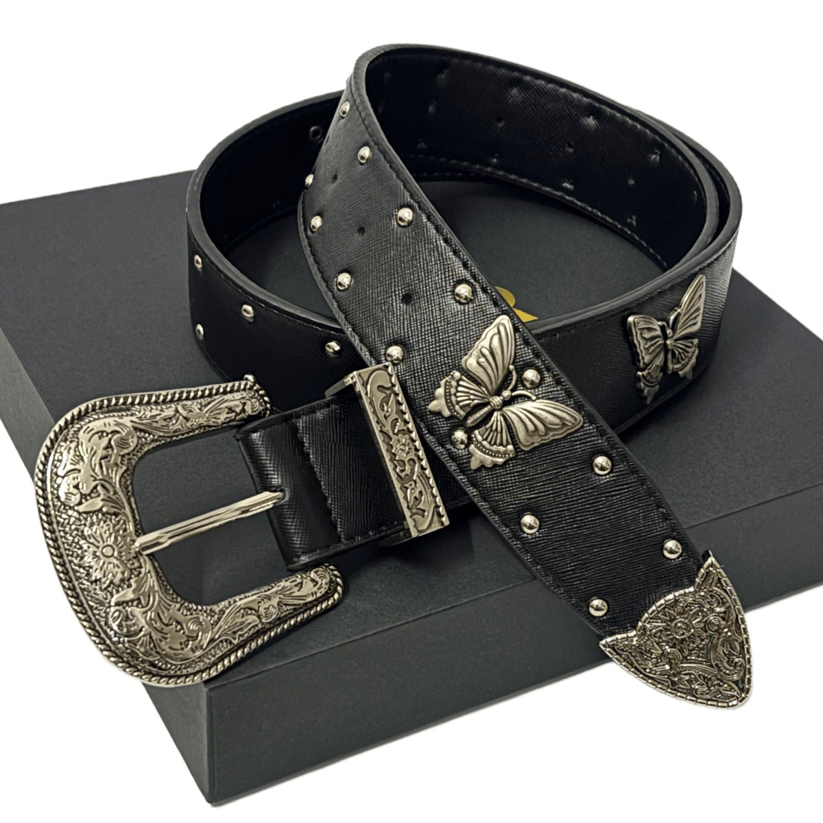 Butterfly Studded Leather Belt Vintage Engraved Western Waist Belt