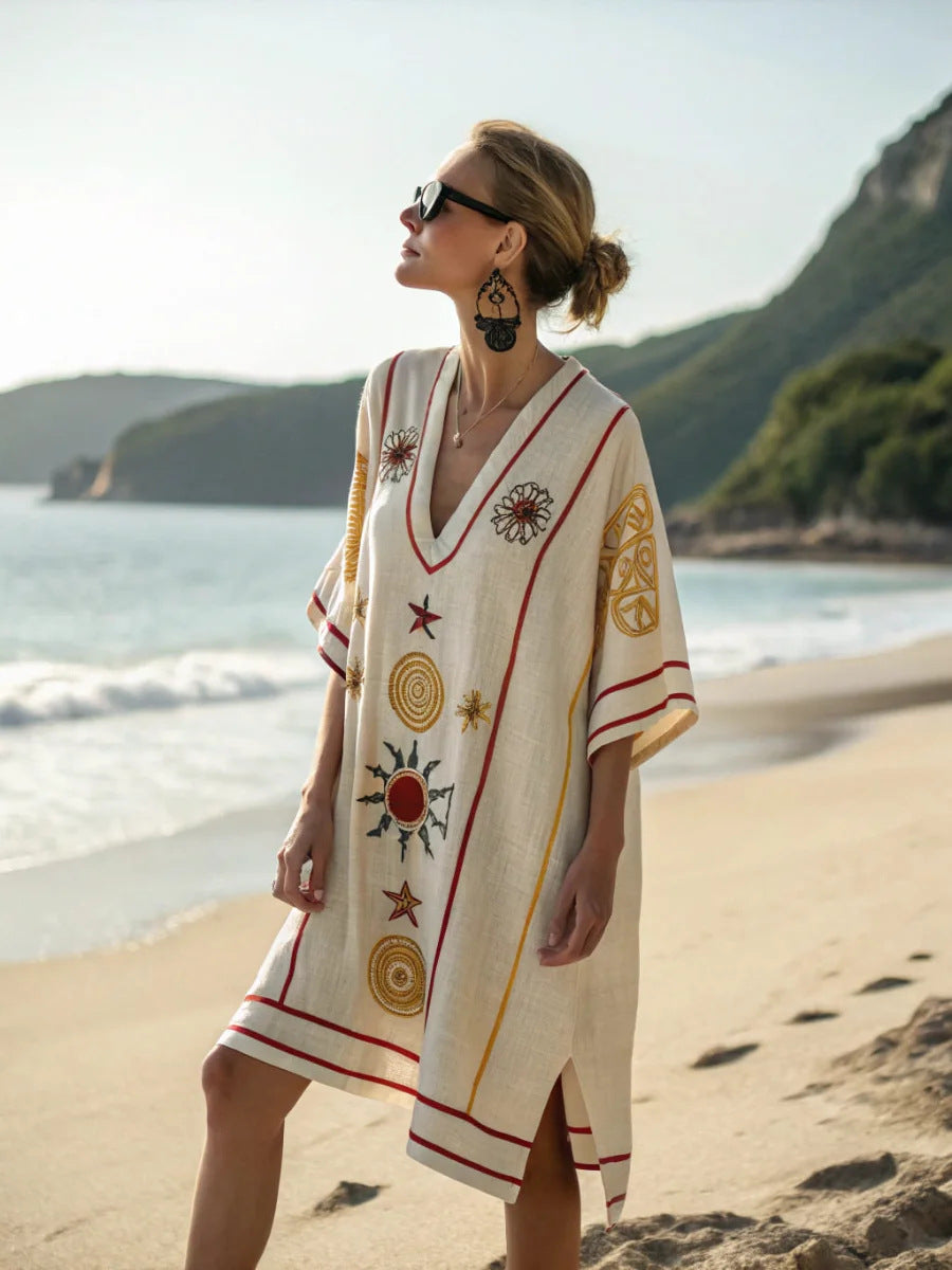 Women's Boho Geometric-Print V-Neck Asymmetric Kaftan Dress