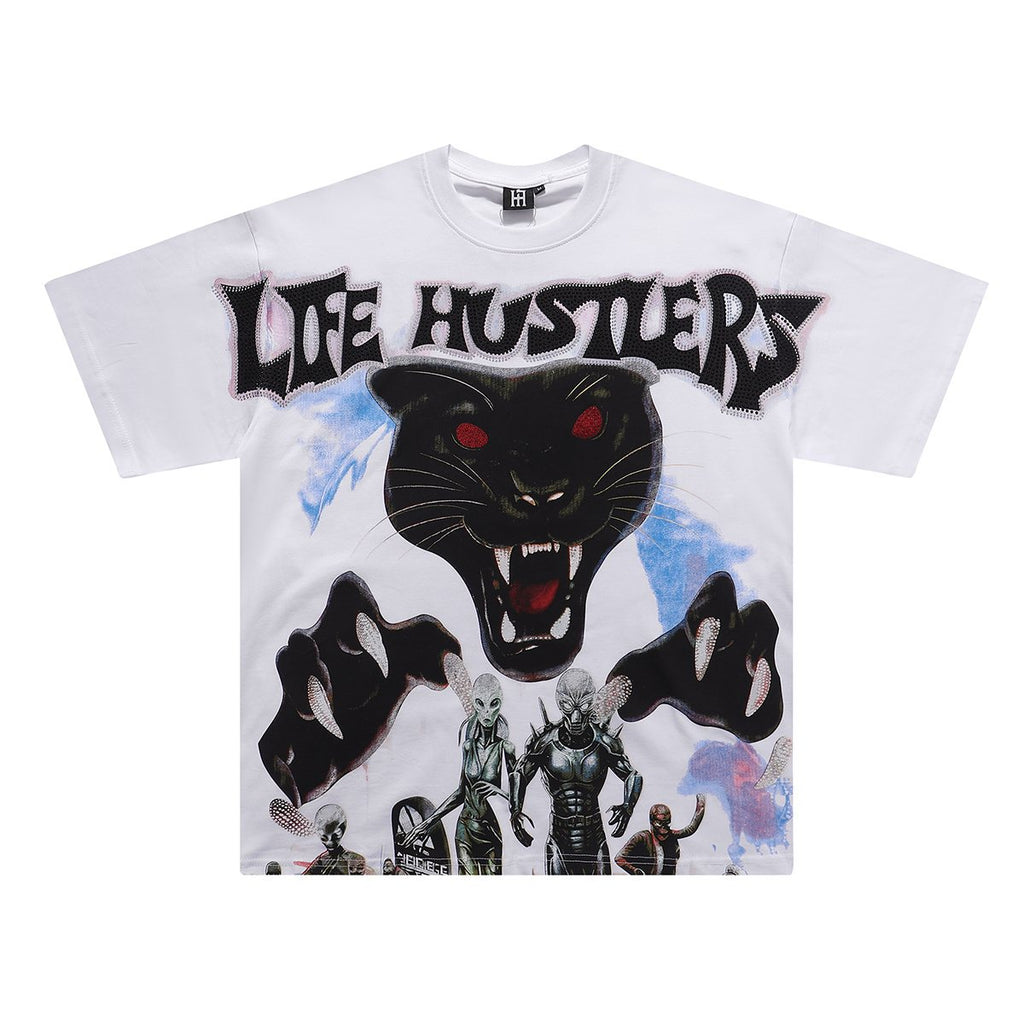 Life Hustlere Rhinestone Panther Graphic T-Shirt