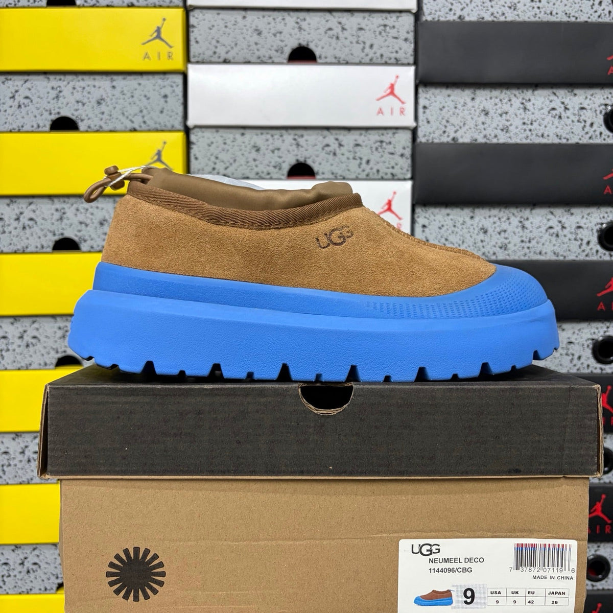 UGG Neumeel Deco Slip-On – Suede Moccasin Sneaker with Electric Blue Lug Sole & Drawstring Collar in Chestnut