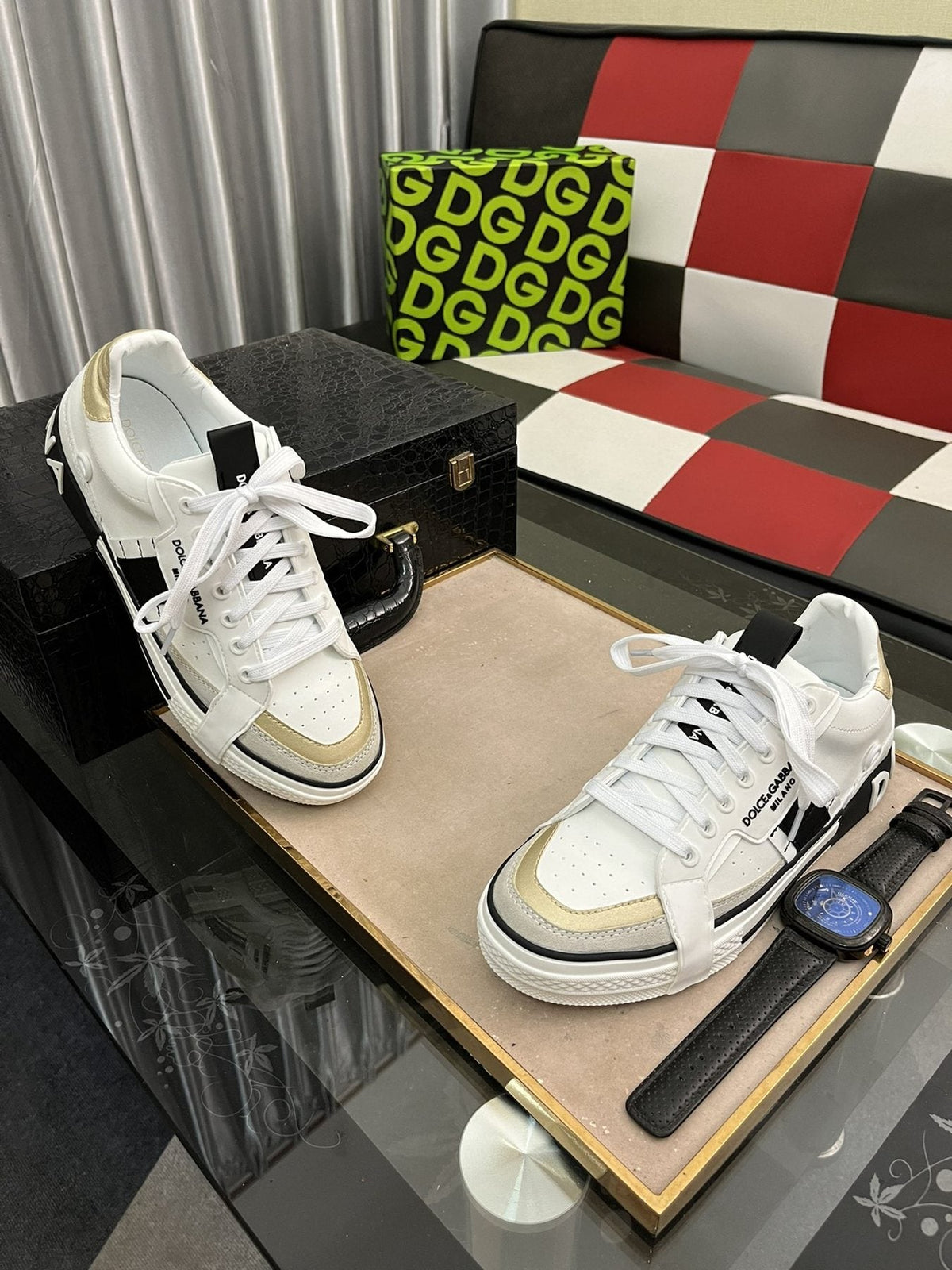 Dolce & Gabbana White, Cream & Black Lace-Up Sneakers