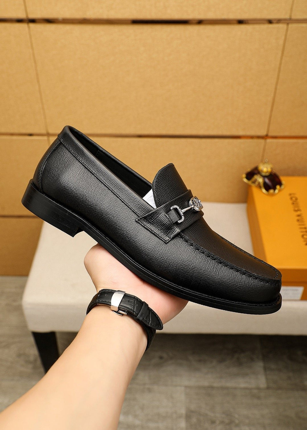 Louis Vuitton Black Textured Metal-Bit Loafers