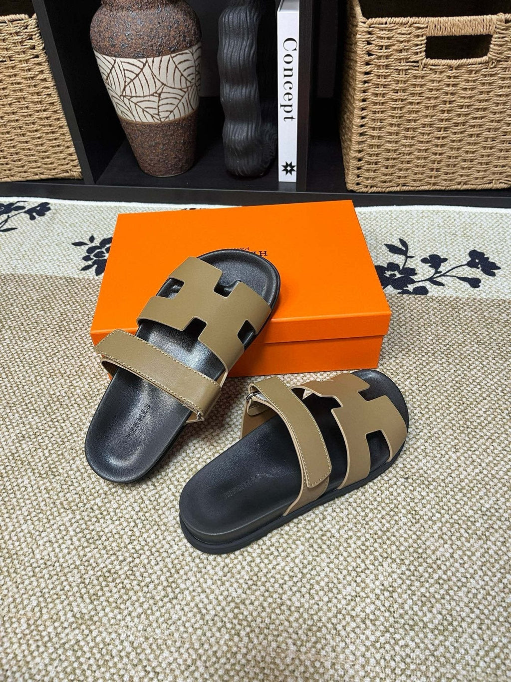 Hermes Men's Kazimir Tan and Black Slide Sandals