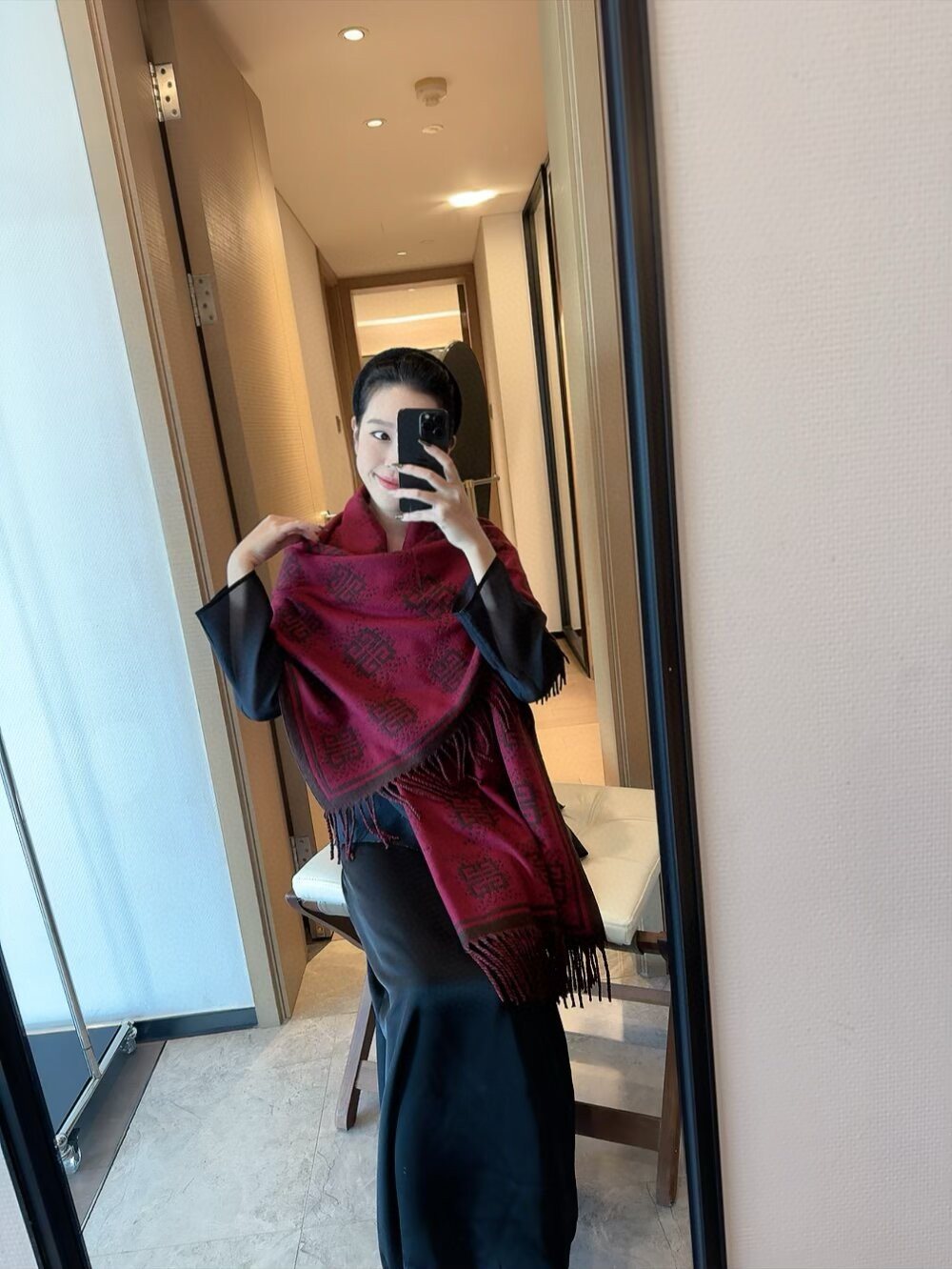 GIVENCHY Burgundy Geometric Fringed Scarf