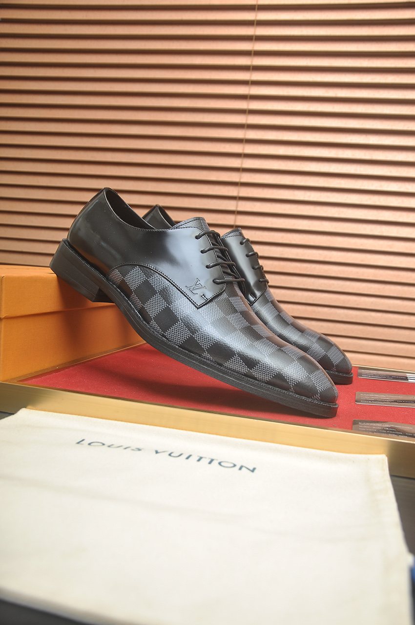 Louis Vuitton Black & Gray Checkerboard Lace-Up Dress Shoes