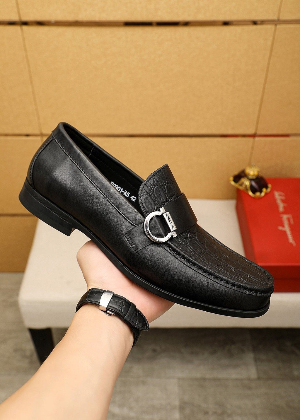Ferragamo Textured Metal Bit Leather Loafers