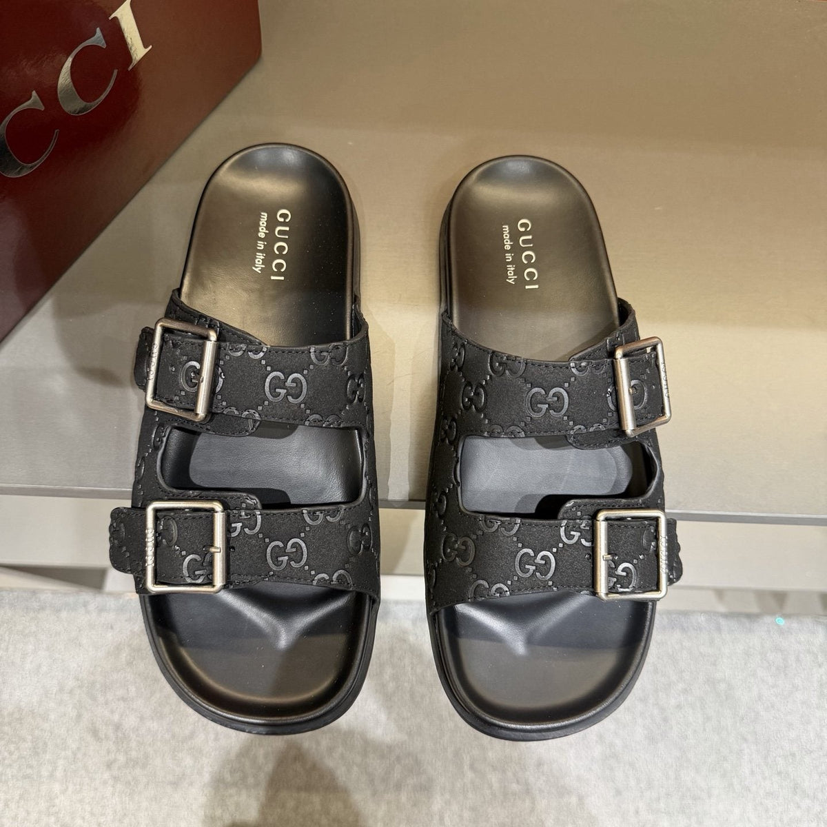 Gucci Two-Buckle Monogram Slide Sandals
