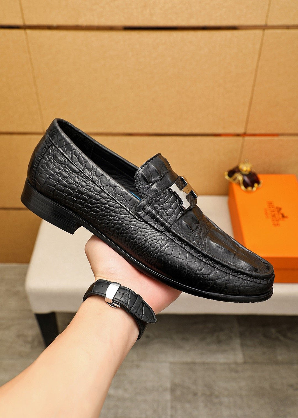 Hermès Textured Metal-Hardware Loafers